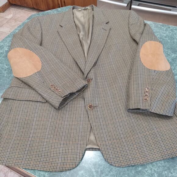 VTG Mens Evan-Picone Brown Lambs wool Houndstooth Jacket Elbow Patches 46R Retro - Picture 1 of 16